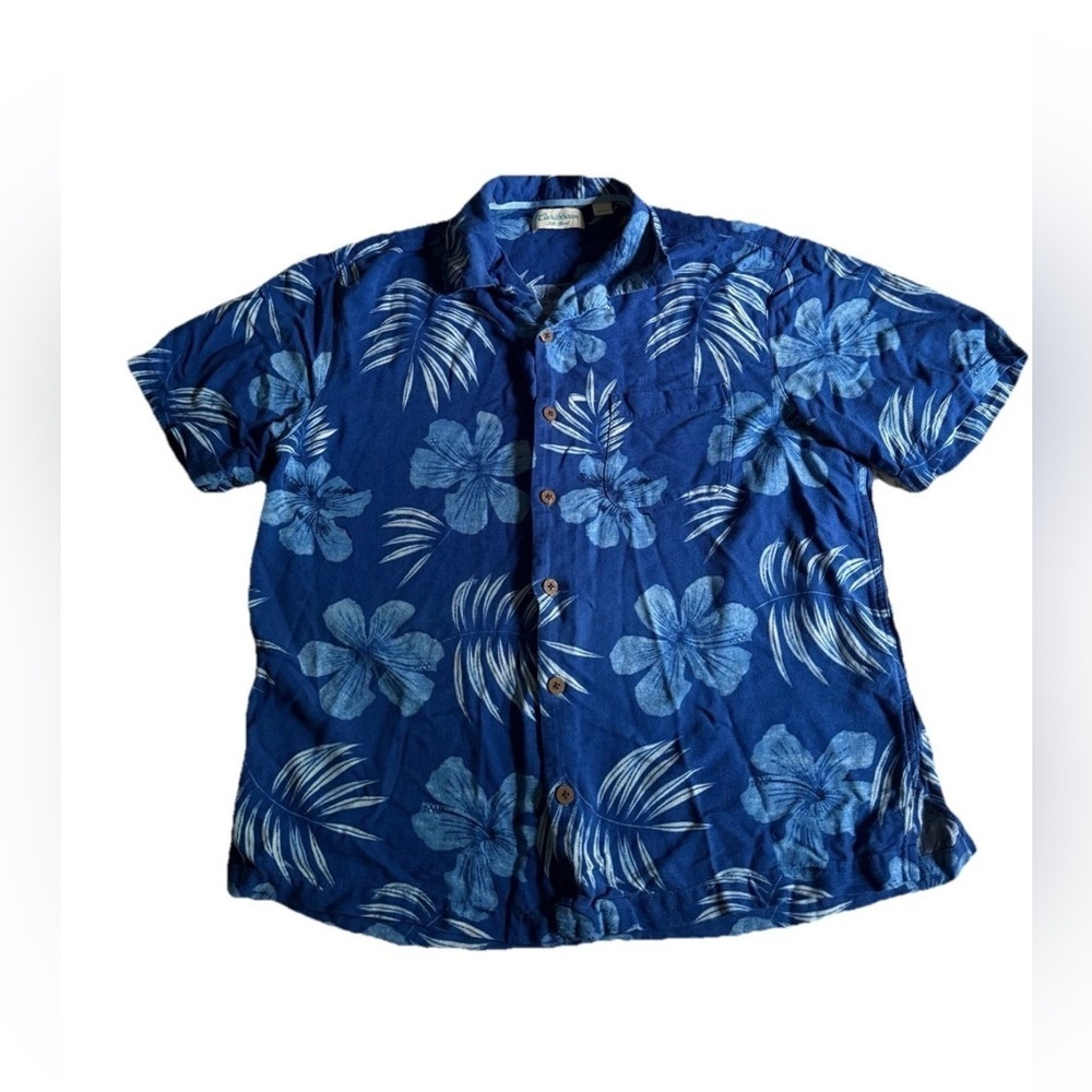 Carribean Silk Blend Hawaiian Shirt Mens L Royal Blue Hibiscus Beach Button Up